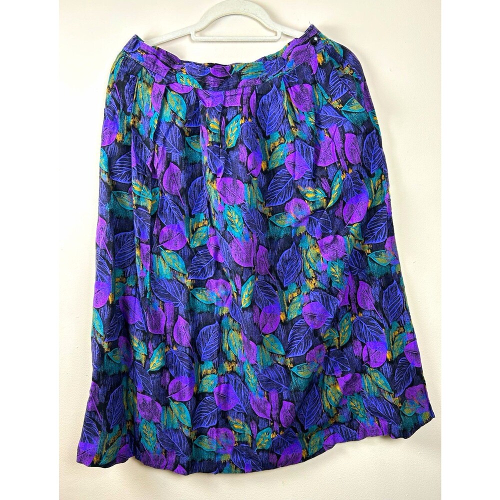 Vintage 80s Hollington 16W Purple Teal Floral Rayon A-Line Knee Skirt Pleated